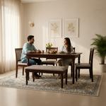 Solid Mango Wood 6 Seater Dining Table Set with 4 Cushioned Chairs and 1 Bench | Warm Brown Finish 