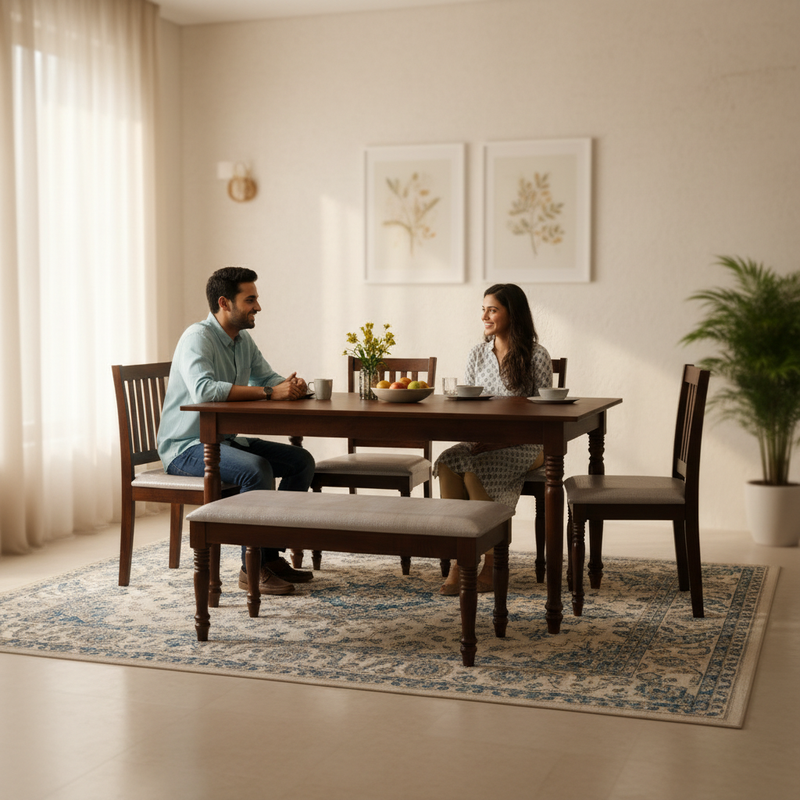 Solid Mango Wood 6 Seater Dining Table Set with 4 Cushioned Chairs and 1 Bench | Warm Brown Finish 