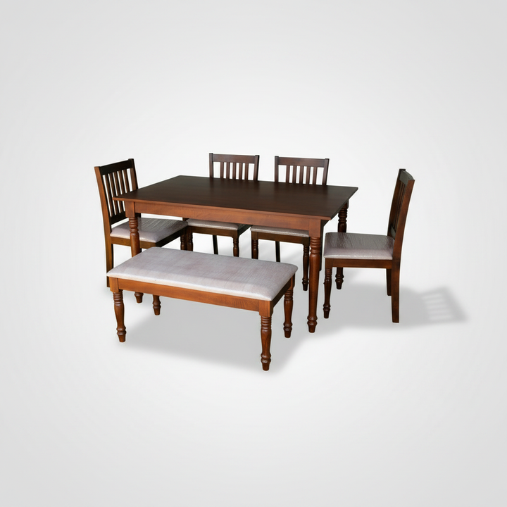 Translation missing: en.Solid Mango Wood 6 Seater Dining Table Set with 4 Cushioned Chairs and 1 Bench | Warm Brown Finish 