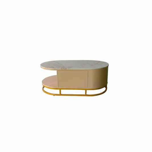 Translation missing: en.Mango Wood Coffee Table with Marble Top &amp; 2 Drawers – Tan &amp; Gold 