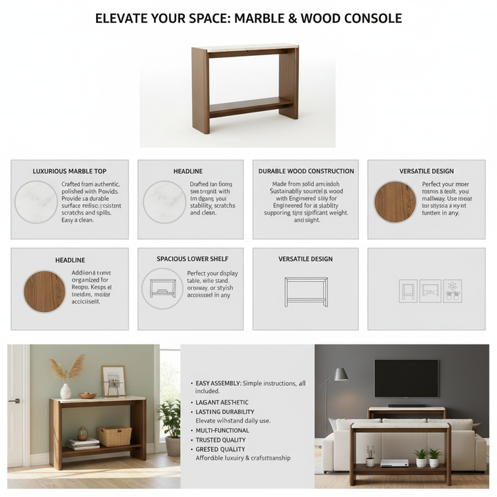 Translation missing: en.Farmhouse 2-Tier Console Table with Ceramic Marble Top &amp; Mango Wood Base, Slim Entryway Sofa Table for Hallway, Foyer and Living Room 