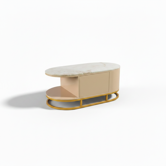 Translation missing: en.Mango Wood Coffee Table with Marble Top &amp; 2 Drawers – Tan &amp; Gold 
