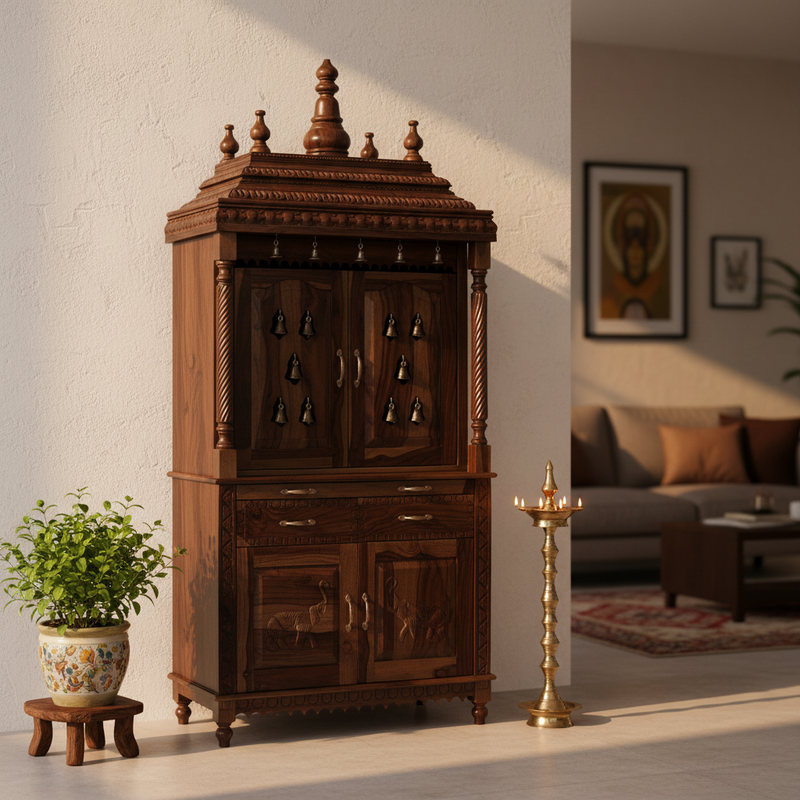Handcrafted Sheesham Wood Temple with 2 Drawer for Pooja Room | Temple for Home 