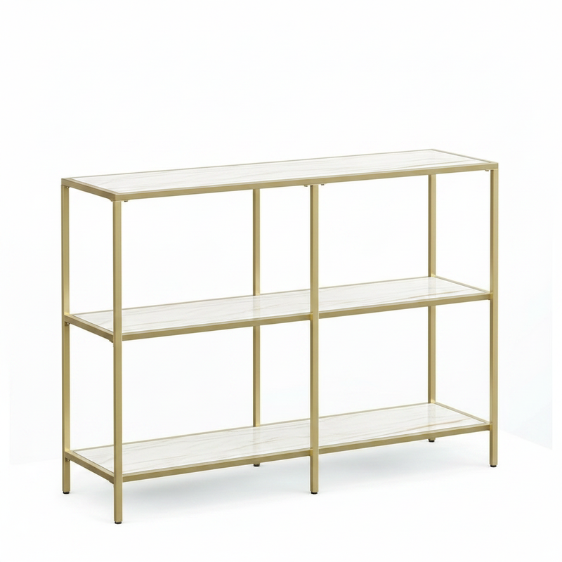 3-Tier Console Table witth Ceramic Marble Shelves & Gold Metal Frame, Modern Narrow Sofa Table for Entryway, Hallway, Bedroom, Foyer and Living Room 