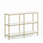 3-Tier Console Table witth Ceramic Marble Shelves & Gold Metal Frame, Modern Narrow Sofa Table for Entryway, Hallway, Bedroom, Foyer and Living Room 