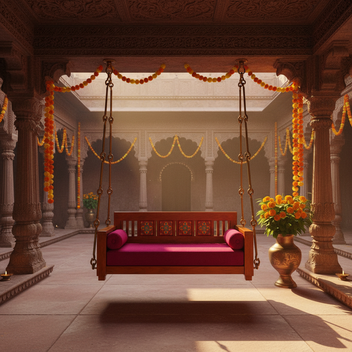 Translation missing: en.Wooden Jhula Swing with Hand-Painted Floral Tiles &amp; Magenta Cushion 