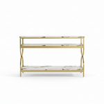 3-Tier Console Table with Ceramic Marble Top, Open Storage Shelves & Gold Metal Frame for Entryway, Hallway, Foyer and Living Room 