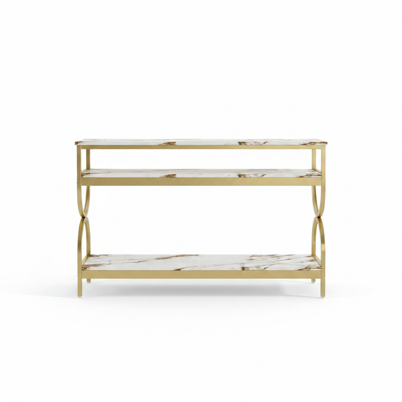 3-Tier Console Table with Ceramic Marble Top, Open Storage Shelves & Gold Metal Frame for Entryway, Hallway, Foyer and Living Room 