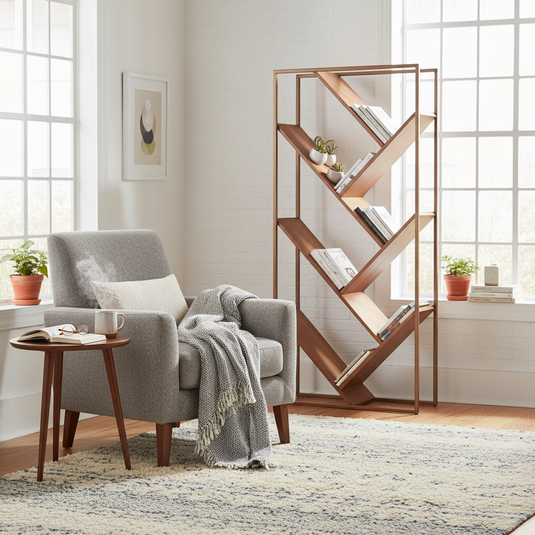 Translation missing: en.Solid Wood and Steel Warsaw Bookcase for Living Room | Bookshelf | Brown Finish 