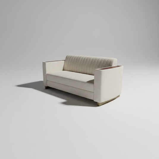 Translation missing: en.Beige Fabric 2-Seater Sofa with Mango Wood Accents &amp; Channel Tufting 