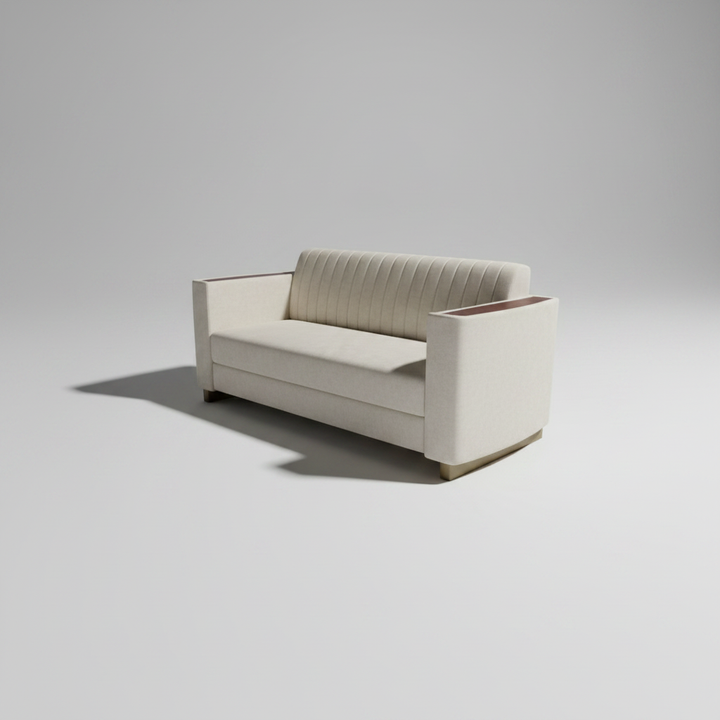 Translation missing: en.Beige Fabric 2-Seater Sofa with Mango Wood Accents &amp; Channel Tufting 