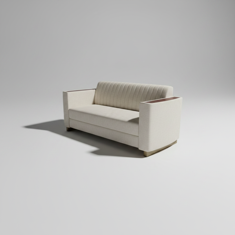 Beige Fabric 2-Seater Sofa with Mango Wood Accents & Channel Tufting 
