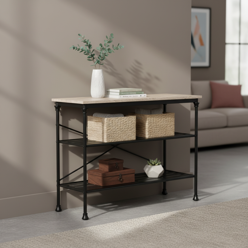 Modern Console Table with Light Brown Ceramic Marble Top & Black Metal Frame, Narrow Entryway Accent Table for Hallway, Foyer, Living Room and Behind Couch 