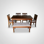 Solid Mango Wood 6 Seater Dining Table Set with 4 Cushioned Chairs and 1 Bench | Warm Brown Finish 