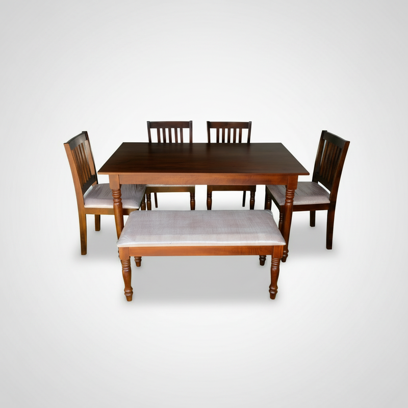 Solid Mango Wood 6 Seater Dining Table Set with 4 Cushioned Chairs and 1 Bench | Warm Brown Finish 