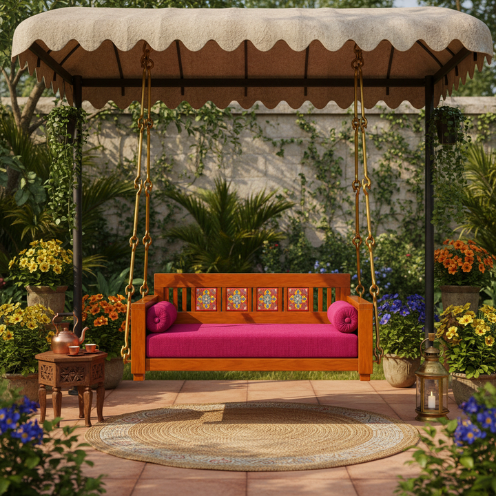 Translation missing: en.Wooden Jhula Swing with Hand-Painted Floral Tiles &amp; Magenta Cushion 