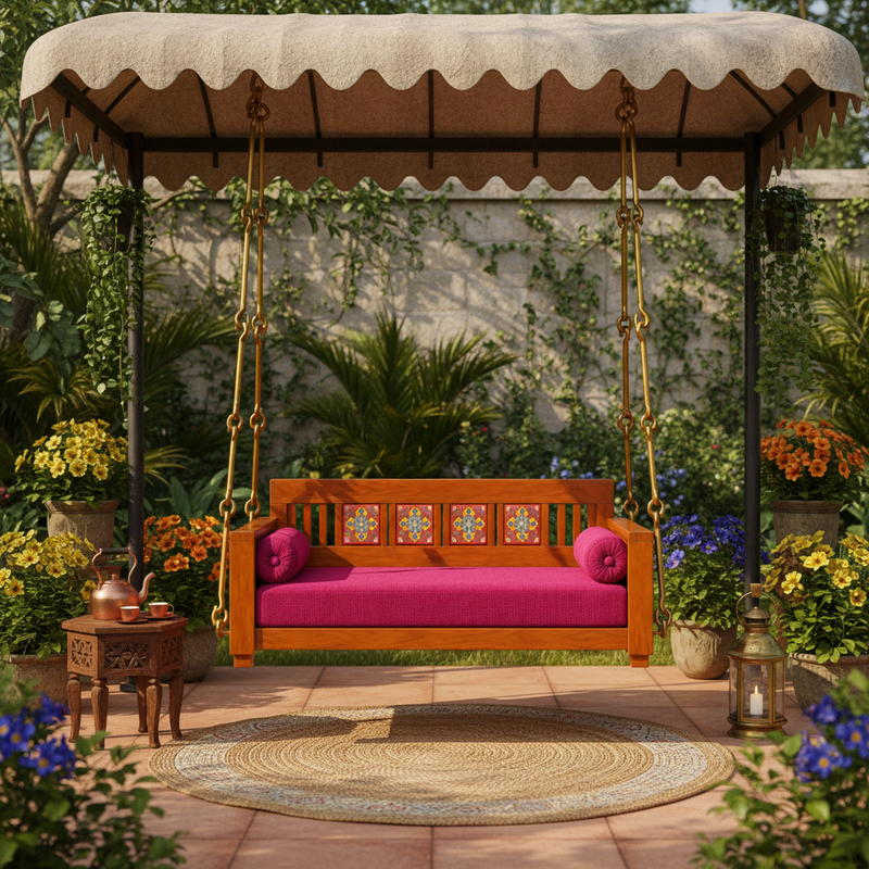 Wooden Jhula Swing with Hand-Painted Floral Tiles & Magenta Cushion 
