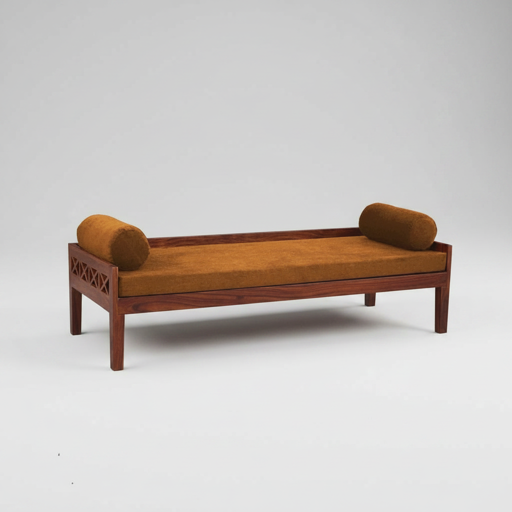 Solid Mango Wood Dewan Sofa Bed with Cushion for Living Room Hall (Solid Wood) 