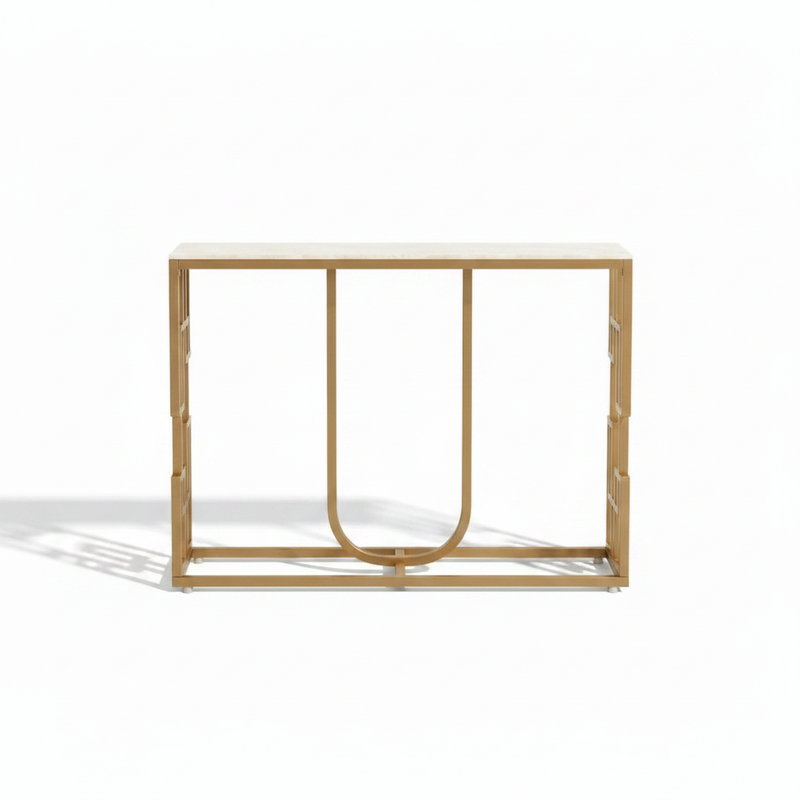 Narrow Console Table with Light Brown Ceramic Marble Top & Gold Metal Frame, Modern Entryway Accent Table for Hallway, Foyer, Living Room and Behind Sofa 