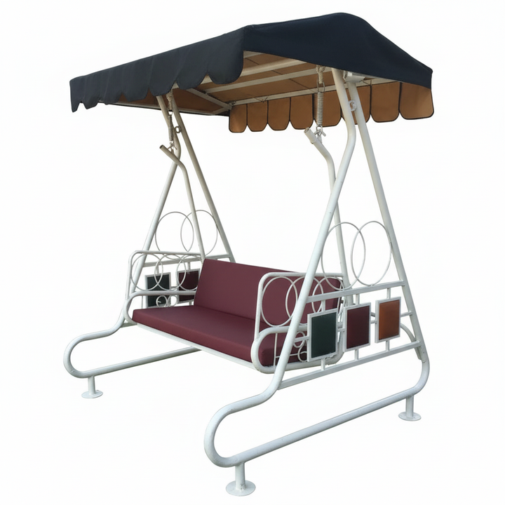 Translation missing: en.Outdoor Garden Swing with Canopy Dark Magenta + Black Fabric And Metal Frame White Powdercoted Finish 