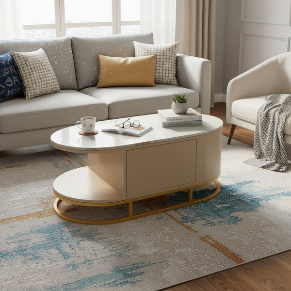 Mango Wood Coffee Table with Marble Top & 2 Drawers – Tan & Gold 