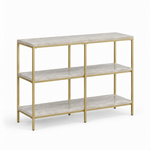 3-Tier Console Table witth Ceramic Marble Shelves & Gold Metal Frame, Modern Narrow Sofa Table for Entryway, Hallway, Bedroom, Foyer and Living Room 