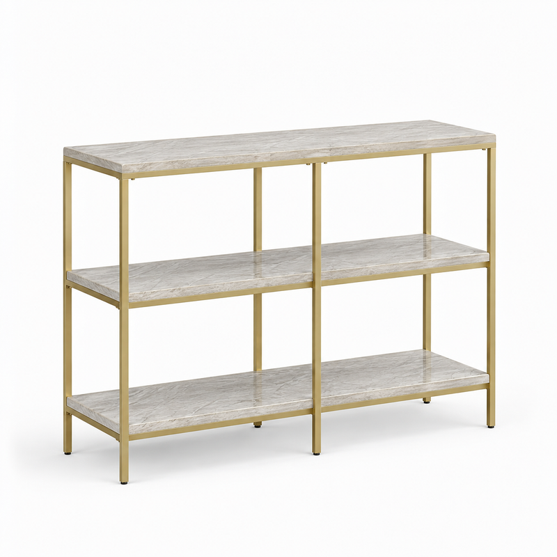 3-Tier Console Table witth Ceramic Marble Shelves & Gold Metal Frame, Modern Narrow Sofa Table for Entryway, Hallway, Bedroom, Foyer and Living Room 