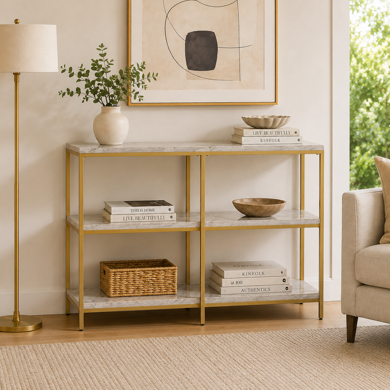 3-Tier Console Table witth Ceramic Marble Shelves & Gold Metal Frame, Modern Narrow Sofa Table for Entryway, Hallway, Bedroom, Foyer and Living Room 