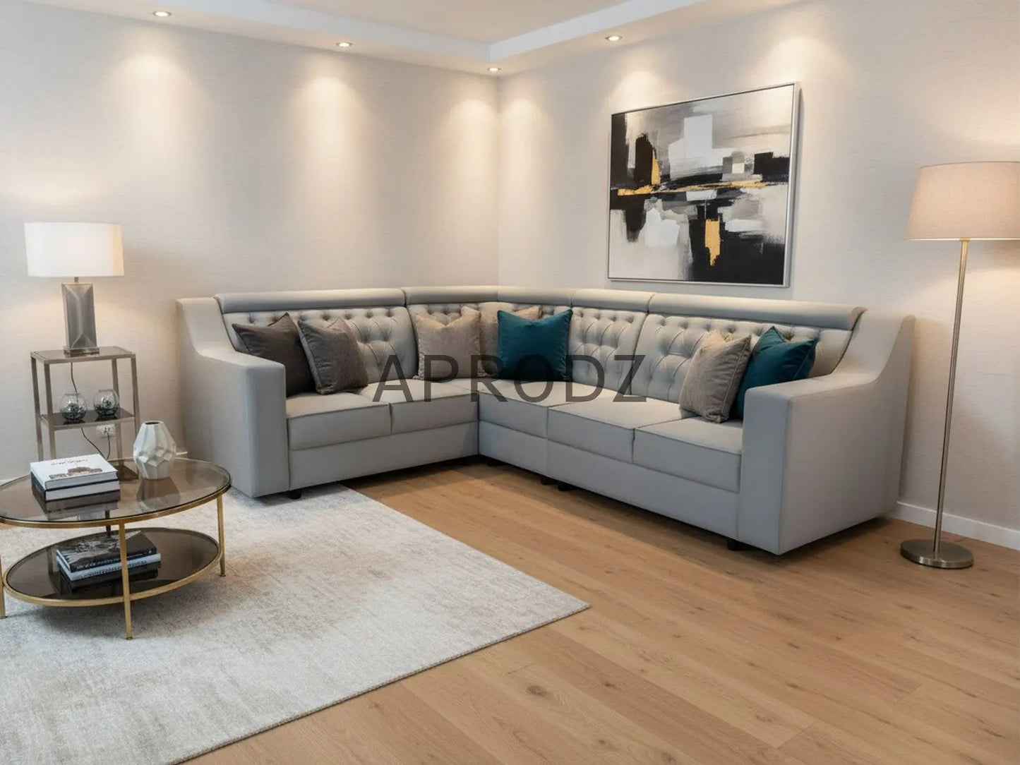 L-Shaped Sectional 6-Seater Sofa with Tufted Back Padded Armrest Perfect Fabric Corner Sofa for Guests Living Room, Drawing Room, Office & Lounge (Light Grey) 