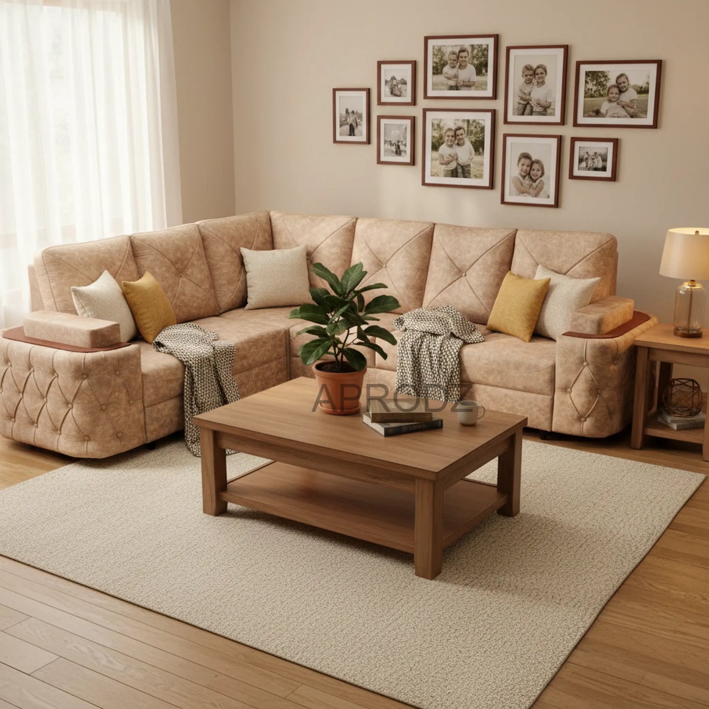 7-Seater Sofa with Padded Armrest, Premium Faux Leather Fabric Corner Sofa for Guests, Living Room, Drawing Room, Office & Lounge (Beige) 