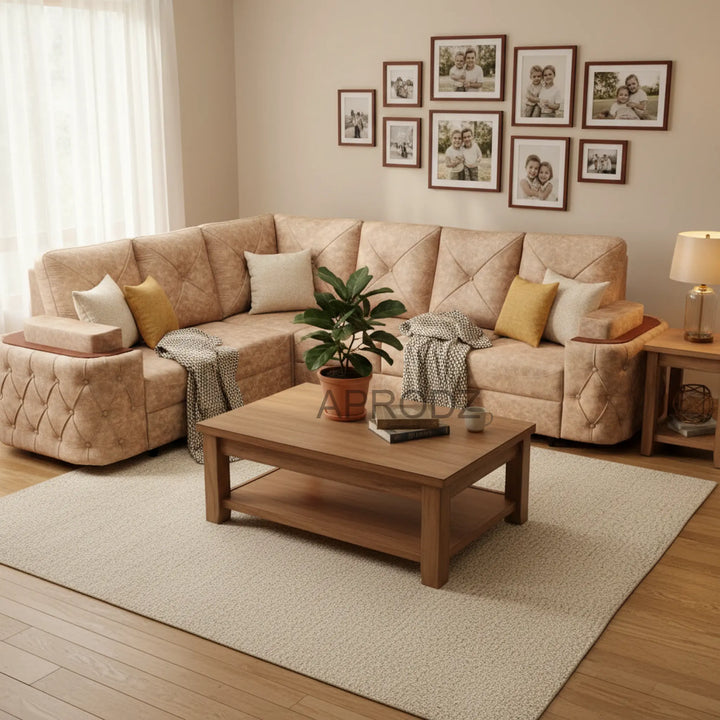Translation missing: en.7-Seater Sofa with Padded Armrest, Premium Faux Leather Fabric Corner Sofa for Guests, Living Room, Drawing Room, Office &amp; Lounge (Beige) 