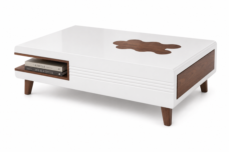 Mango Wood Coffee Table with Drawer & Open Shelf – White & Brown 