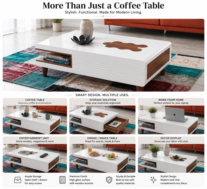Translation missing: en.Mango Wood Coffee Table with Drawer &amp; Open Shelf – White &amp; Brown 