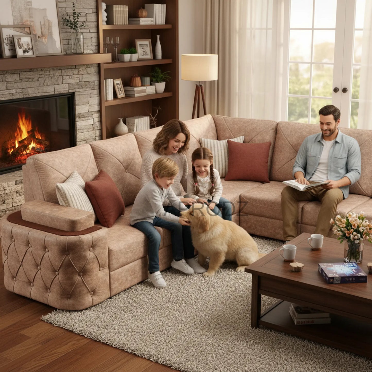 7-Seater Sofa with Padded Armrest, Premium Faux Leather Fabric Corner Sofa for Guests, Living Room, Drawing Room, Office & Lounge (Beige) 