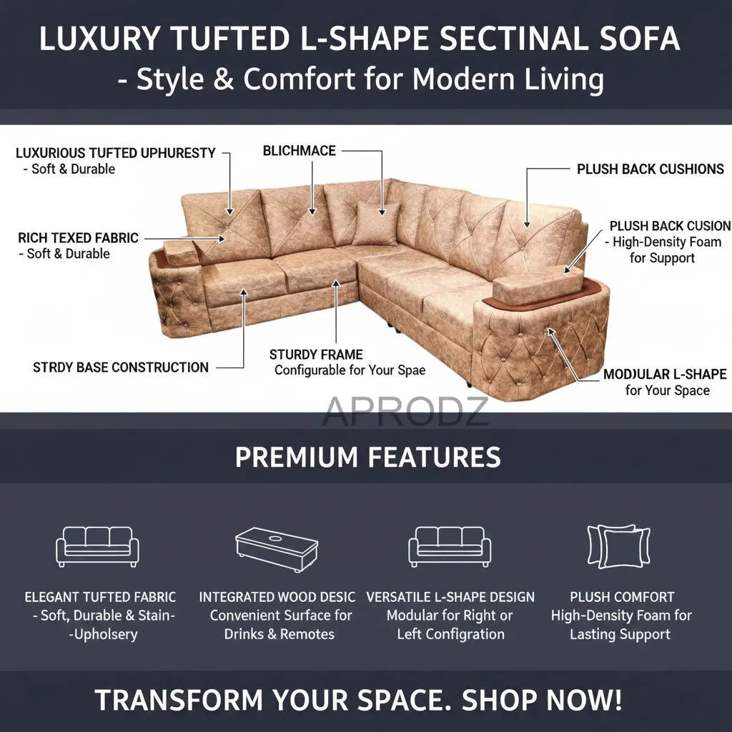 7-Seater Sofa with Padded Armrest, Premium Faux Leather Fabric Corner Sofa for Guests, Living Room, Drawing Room, Office & Lounge (Beige) 