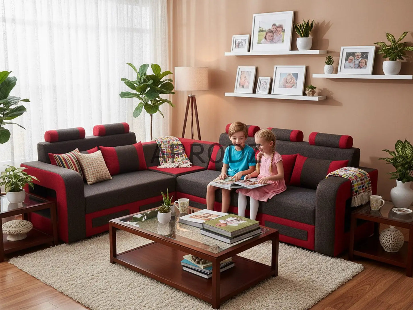 L-Shaped Sectional 6-Seater Sofa with Padded Armrest, Perfect Fabric Corner Sofa for Guests Living Room, Drawing Room, Office & Lounge (Grey/Red) 