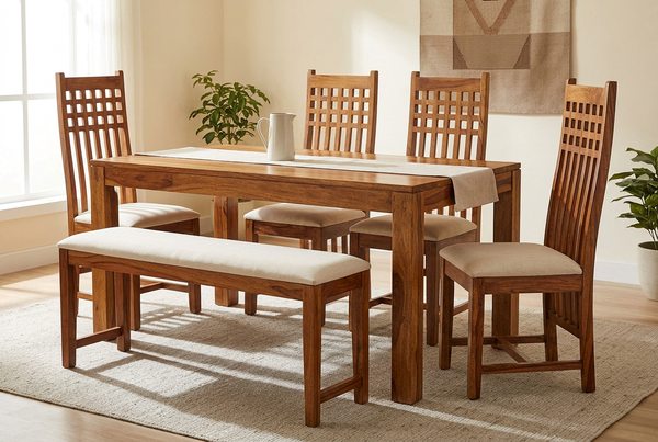 Sheesham Wood Avavia 6 Seater Dining Table Set with Bench for Home | Dining 