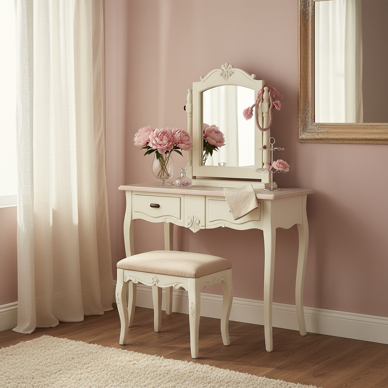 Wooden Antique Dressing Table with Stool for Living Room (White Finish) 