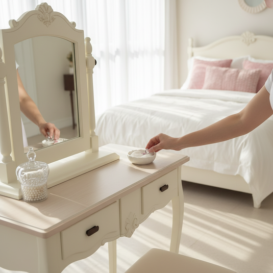 Translation missing: en.Wooden Antique Dressing Table with Stool for Living Room (White Finish) 