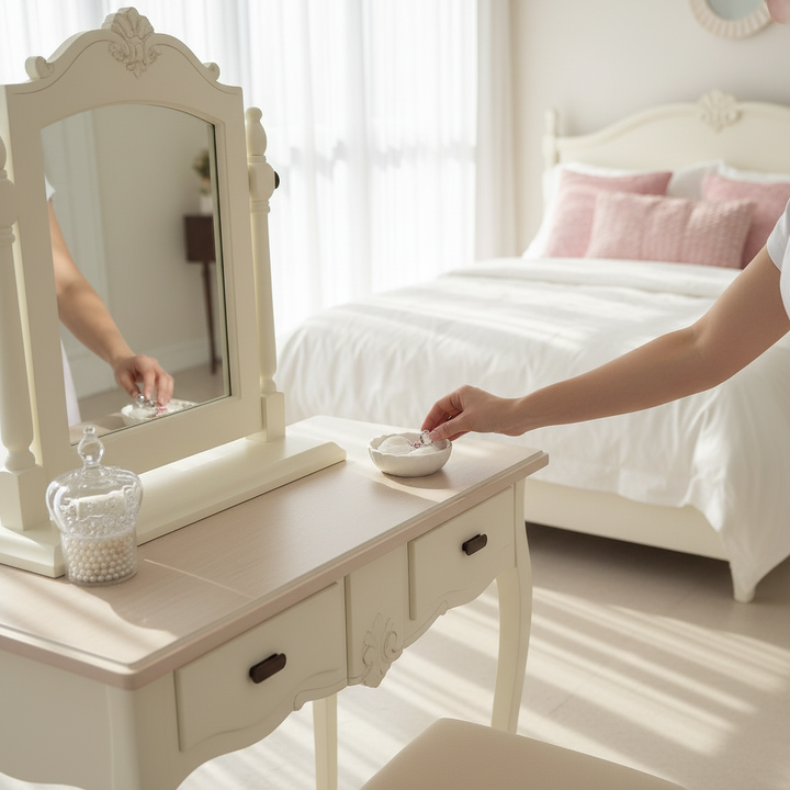 Translation missing: en.Wooden Antique Dressing Table with Stool for Living Room (White Finish) 