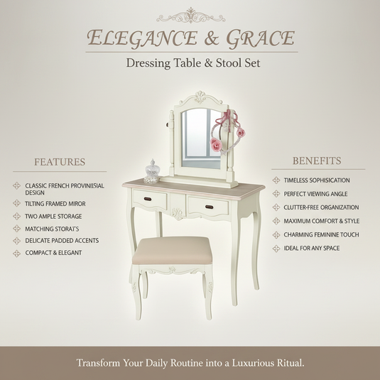 Translation missing: en.Wooden Antique Dressing Table with Stool for Living Room (White Finish) 