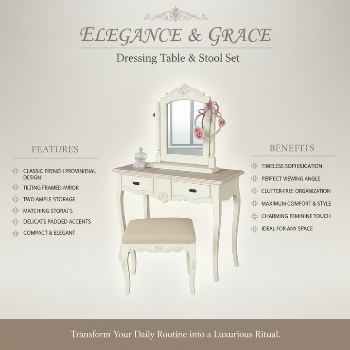 Translation missing: en.Wooden Antique Dressing Table with Stool for Living Room (White Finish) 