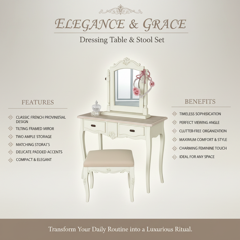 Wooden Antique Dressing Table with Stool for Living Room (White Finish) 