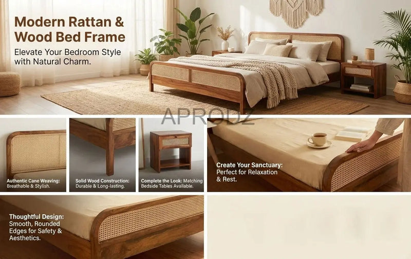 Rattan Cane Bed Frame – King & Queen Size, Walnut Finish 