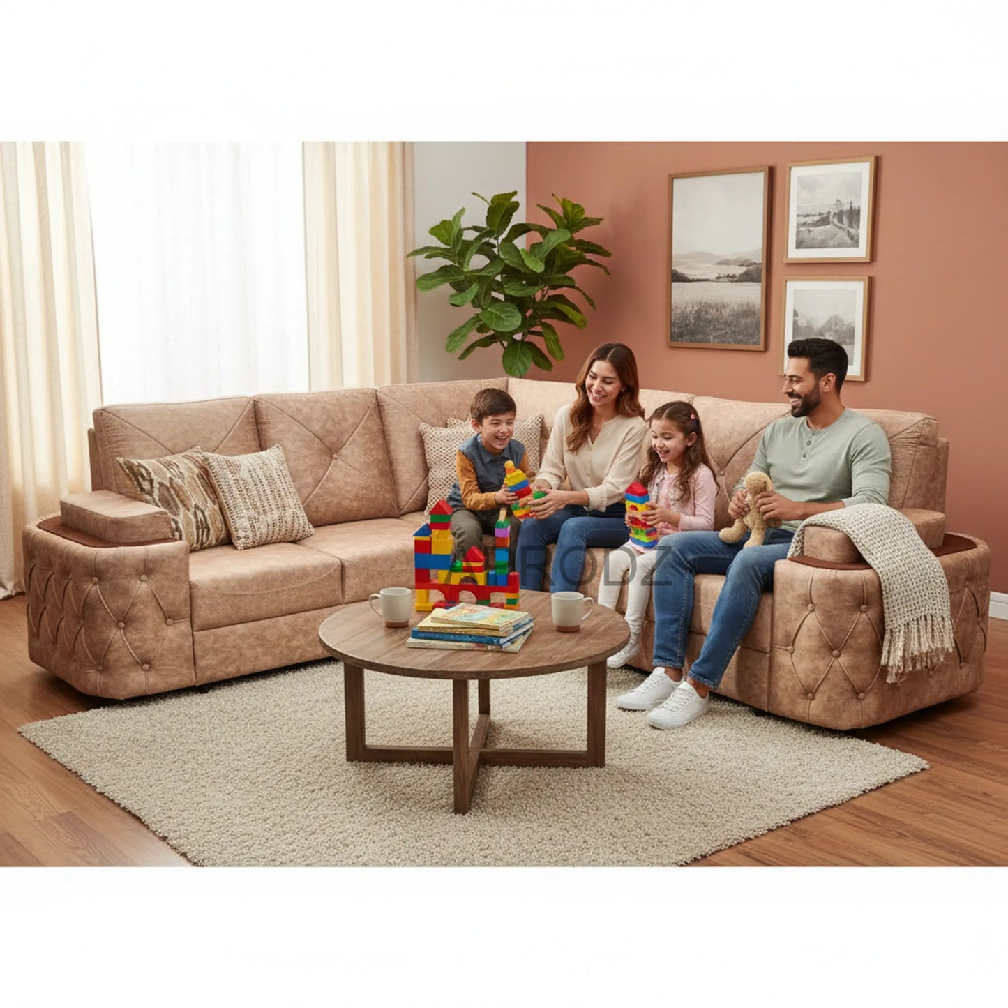 7-Seater Sofa with Padded Armrest, Premium Faux Leather Fabric Corner Sofa for Guests, Living Room, Drawing Room, Office & Lounge (Beige) 