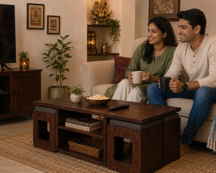 Translation missing: en.Modern Solid Sheesham Wood Coffee Table with 2 Cushioned Stools | Space Saving Center Table with Dual Storage Shelves for Living Room | Premium Brown Finish 