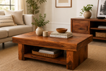 Solid Sheesham Wood Coffee Table in Teak Finish | Rustic Plank-Top Center Table with Bottom Storage Shelf for Living Room & Office Lounge | Heavy Duty Wooden Tea Table 