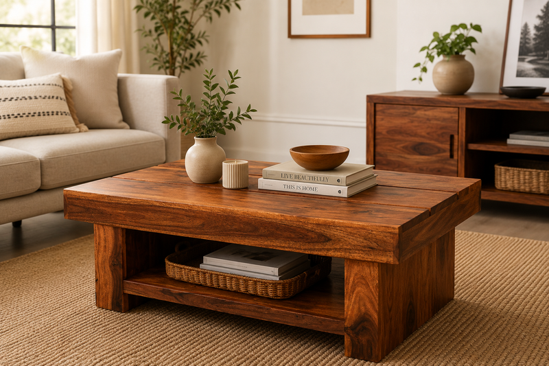 Solid Sheesham Wood Coffee Table in Teak Finish | Rustic Plank-Top Center Table with Bottom Storage Shelf for Living Room & Office Lounge | Heavy Duty Wooden Tea Table 