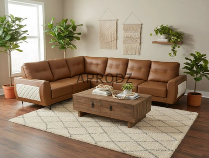 L-Shaped Sectional 6-Seater Sofa Padded Armrest Faux Leather Perfect Fabric Corner Sofa for Guests Living Room, Drawing Room, Office & Lounge (Brown) 