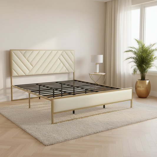 Upholstered Platform Bed with Velvet Tufted Headboard Beige Fabric + Gold Powdercaoted 